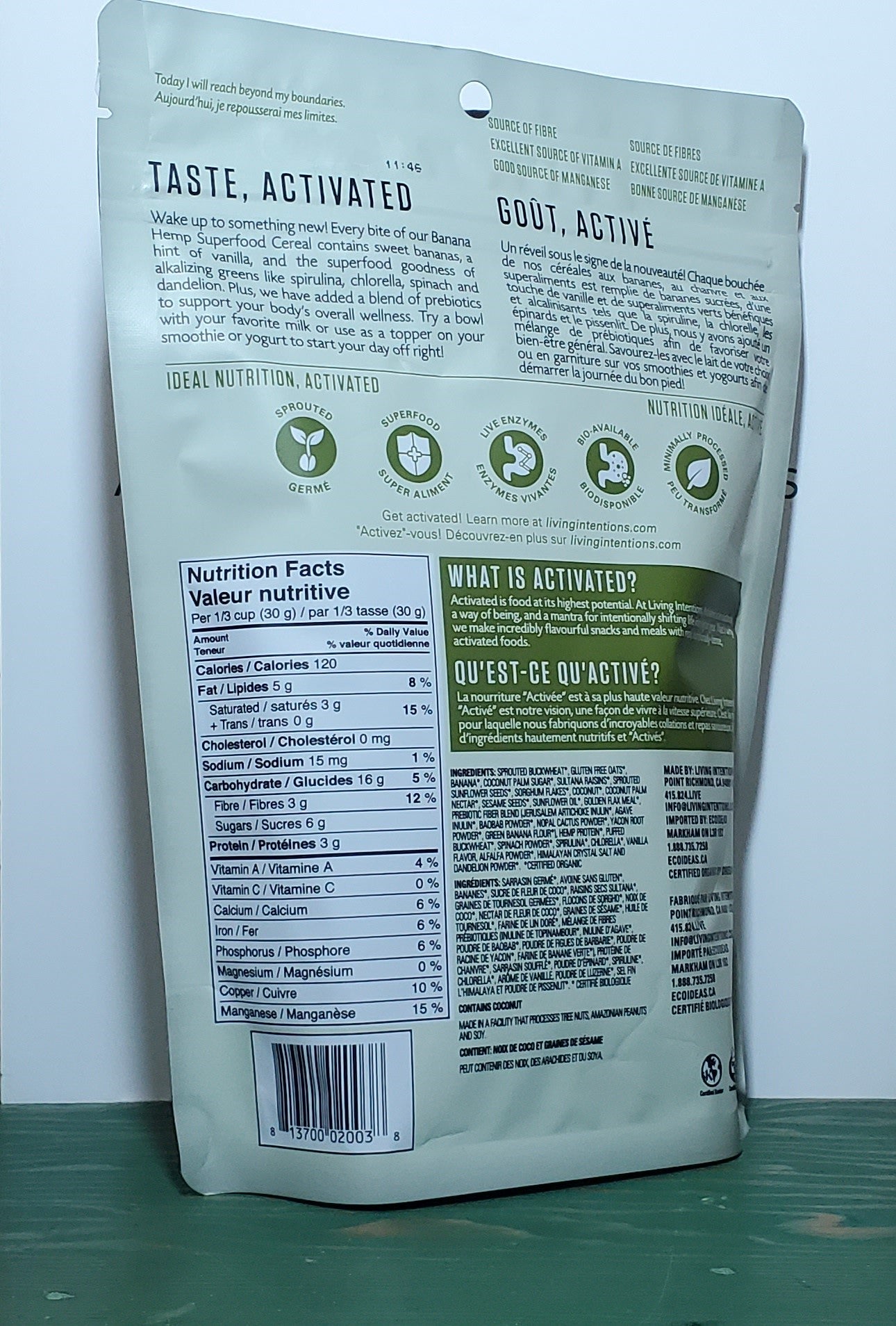 Living Intentions Activated Organic Banana Hemp Cereal 255g